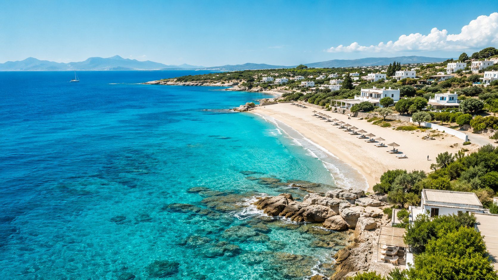Turquoise Aegean water and pale sand on the Çeşme Peninsula