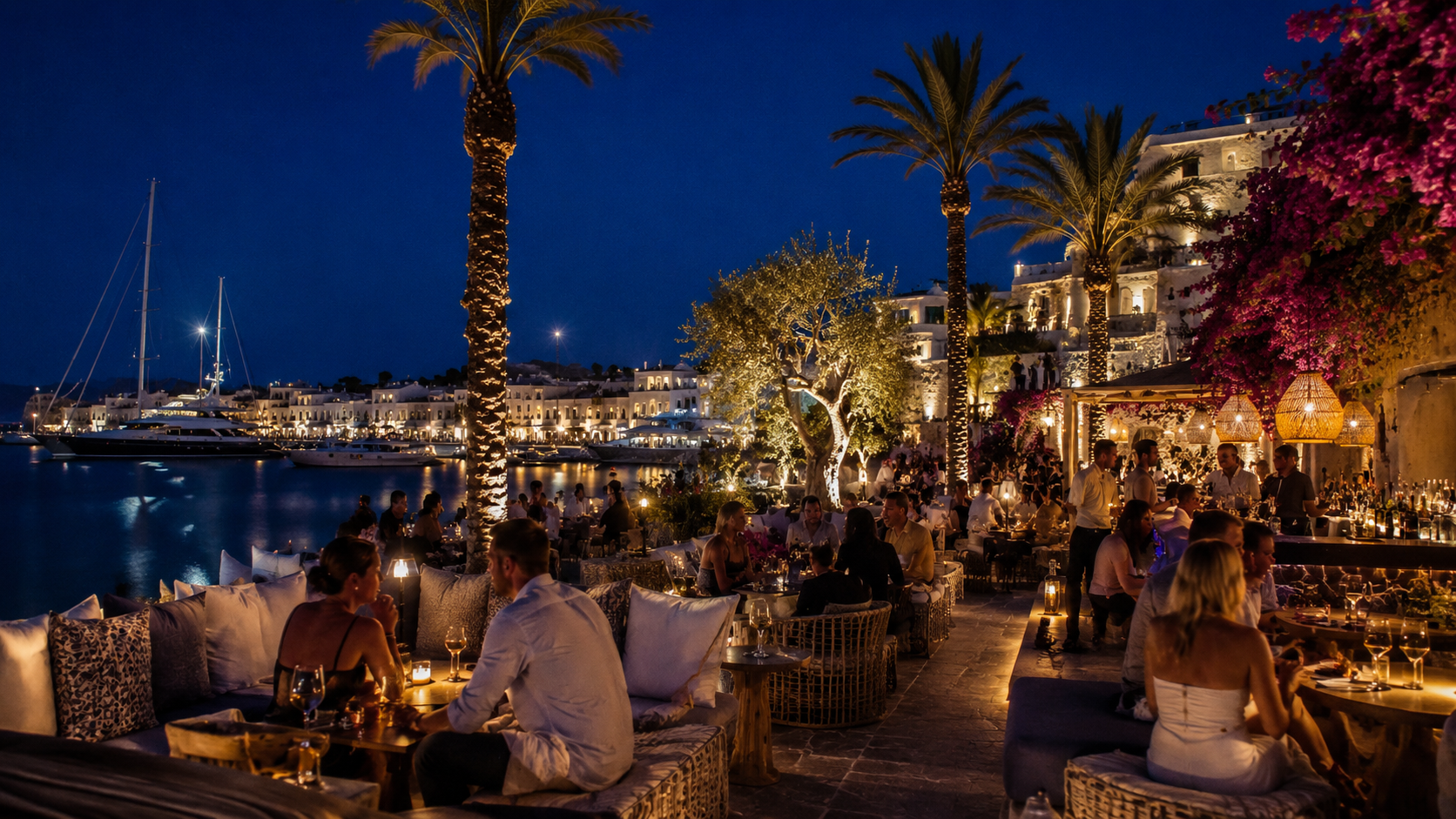 A warm summer night in Alaçatı with people walking between bars and restaurants