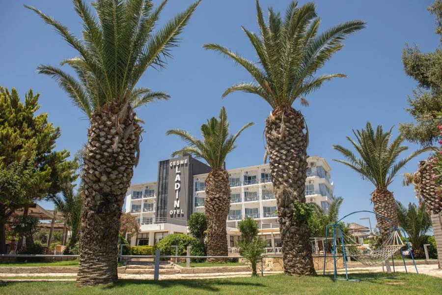 Hotel garden with palm trees