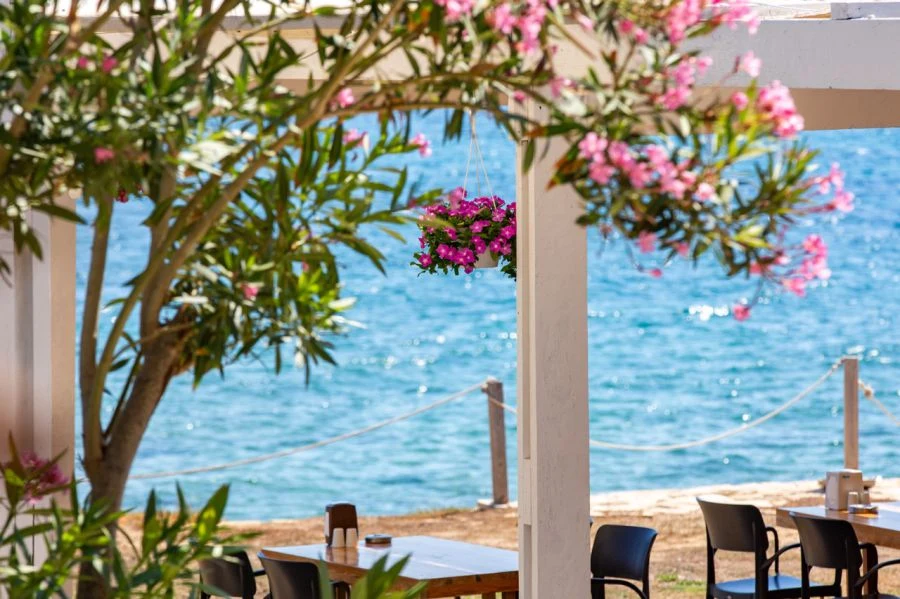 Open-air dining area overlooking the sea