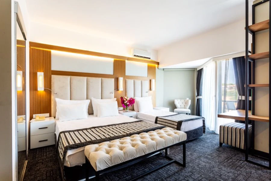 Hotel room with a large bed