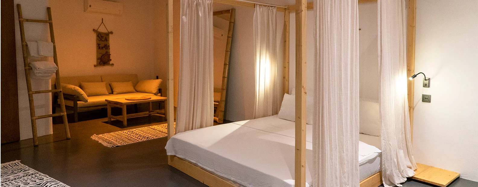 Bed with curtains and room interior