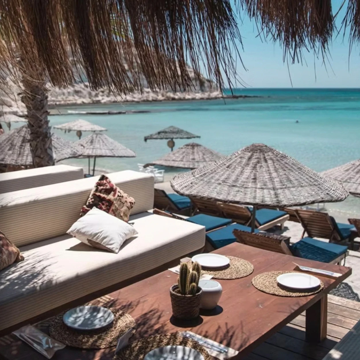 Fly-Inn Beach Club — Shaded seating facing the sea