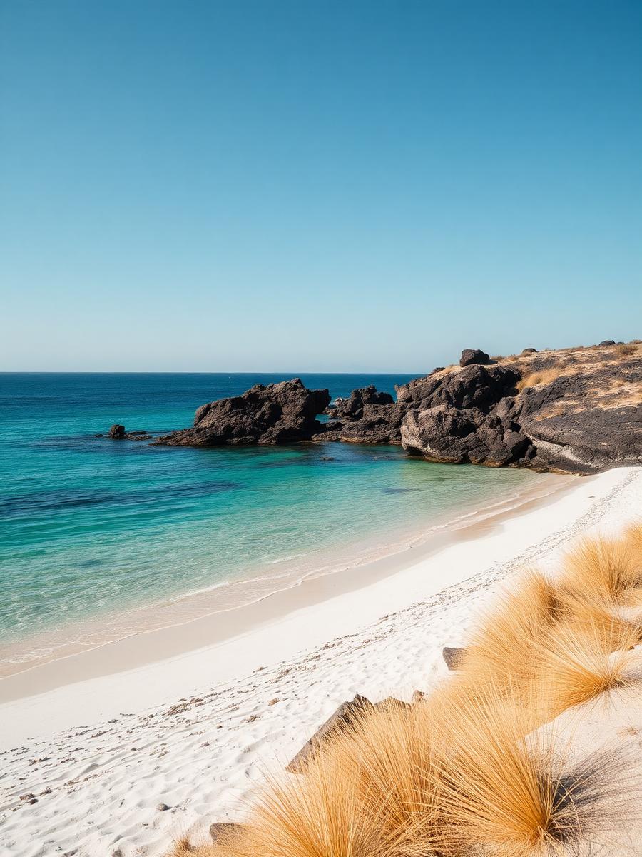 Quiet Aegean bay with turquoise shallows, pale sand and dark volcanic rock