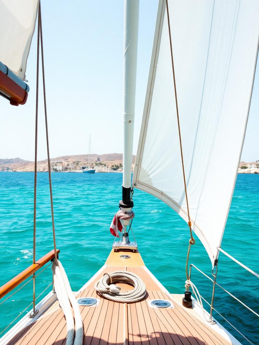 View from the deck of a wooden sailing boat over turquoise Aegean water