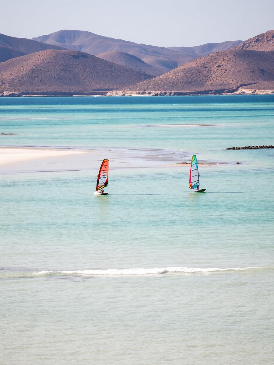 Windsurfing sails on a bright shallow Aegean bay with dry hills behind