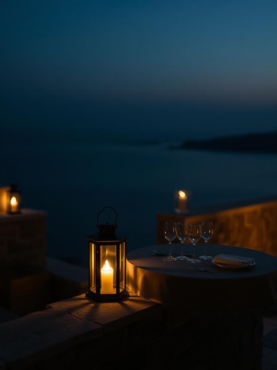 Lantern light on a stone terrace above a dark Aegean sea at night