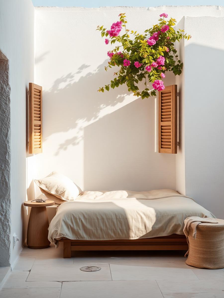 Whitewashed stone room with linen bedding, wooden shutters and bougainvillea shadow