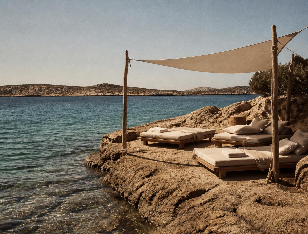 Beach club daybeds on a rocky Aegean shoreline at midday