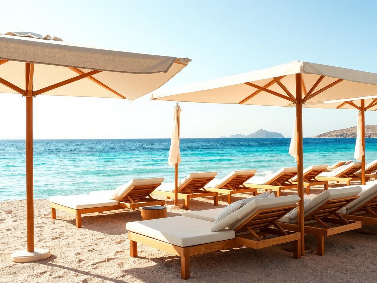 Cream parasols and wooden loungers on sand beside clear turquoise water