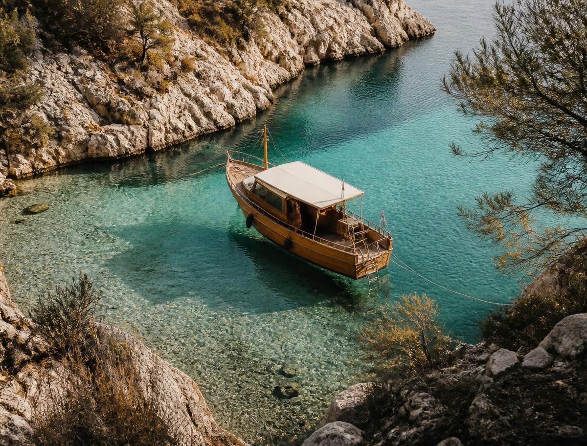 Small wooden boat moored in a quiet cove with pale rocks