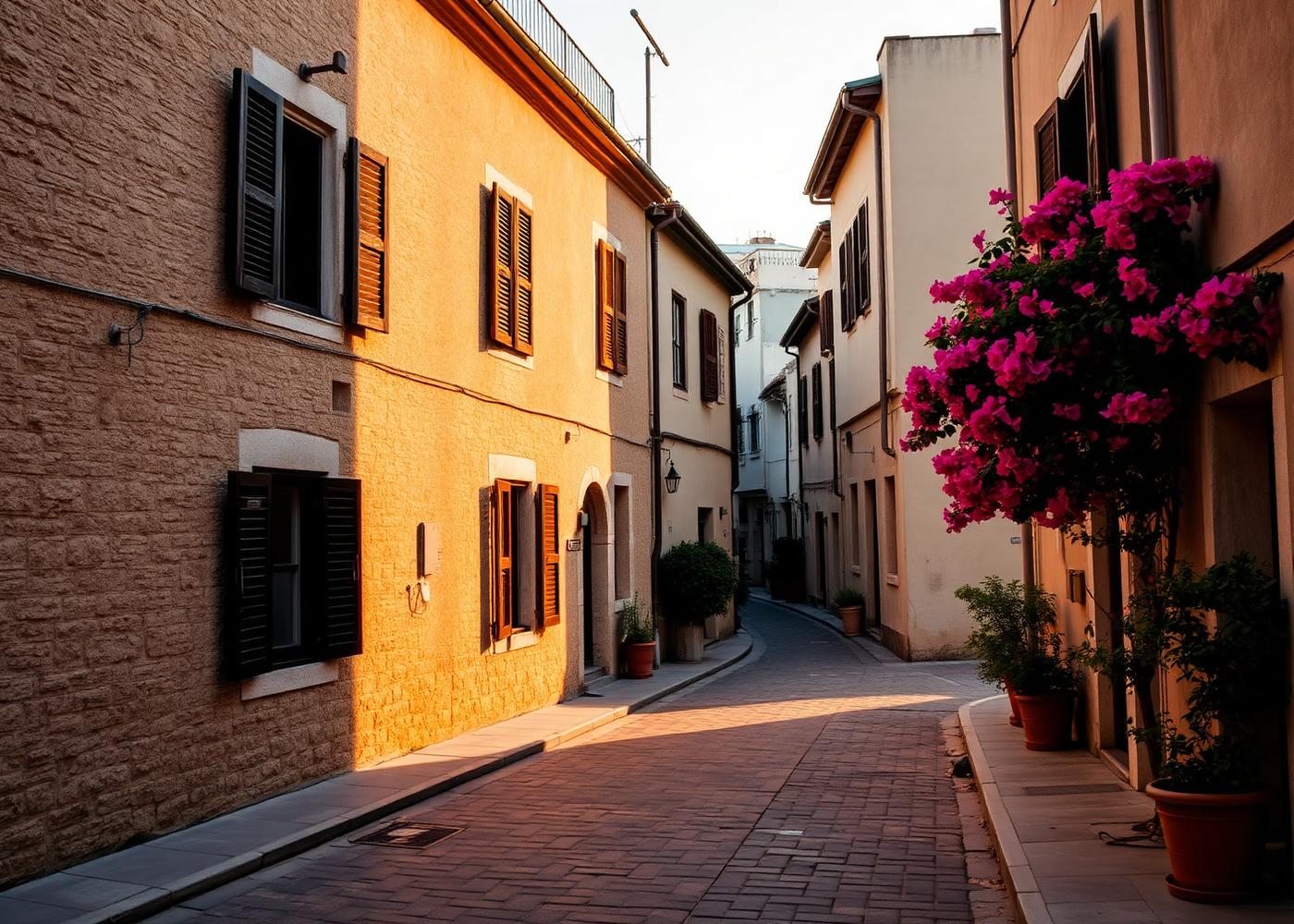 Narrow Alaçatı stone street at golden hour with wooden shutters and bougainvillea