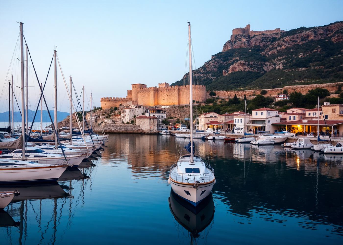 Small Aegean marina at dusk with moored sailing boats and a fortress above the quay