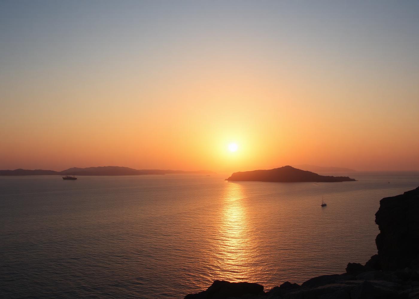 Aegean sunset over calm sea with islands silhouetted on the horizon